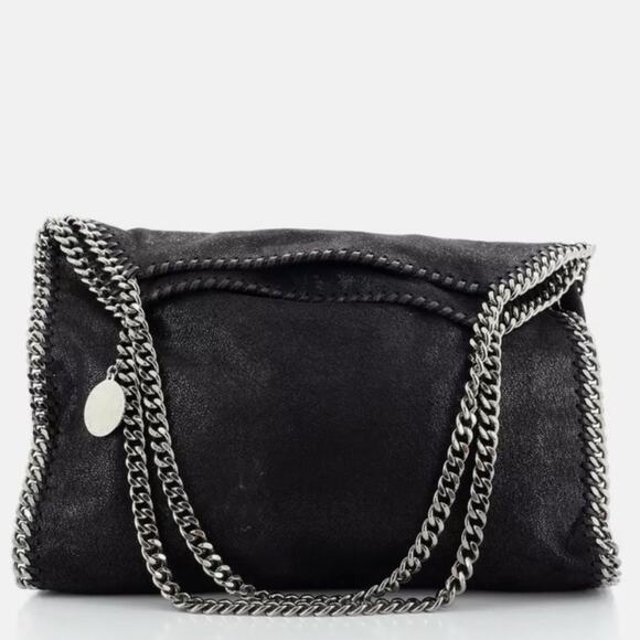 Stella McCartney Black Falabella Fold-Over Tote Shoulder Bag Vegan Silver Chain - Picture 1 of 16